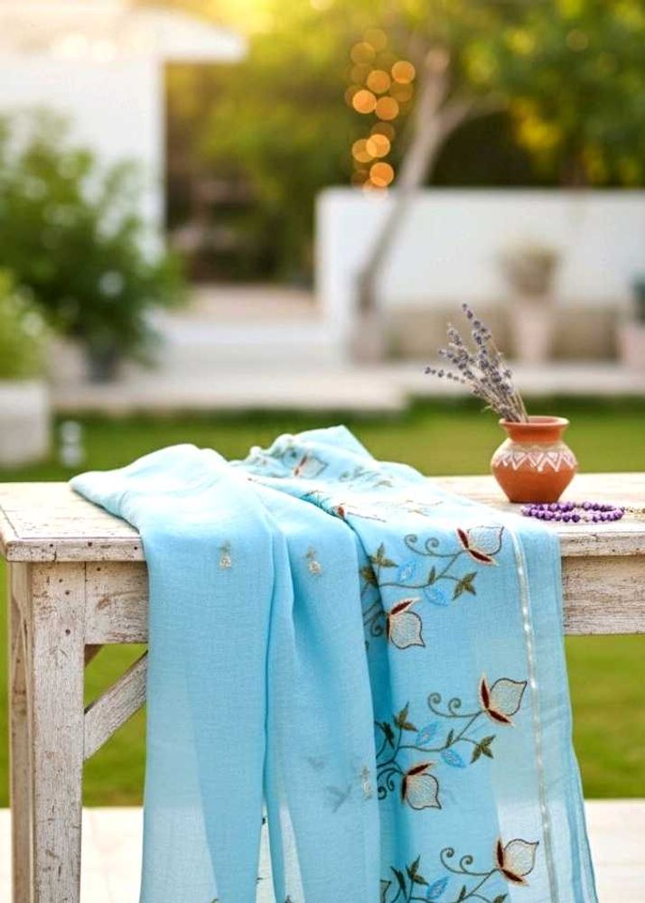 Sky Blue Embroidered Cotton Saree 🌸💙
