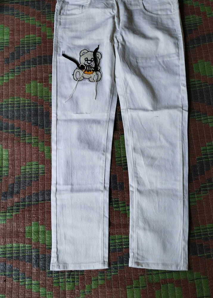 White Jeans with Teddy Bear Patch