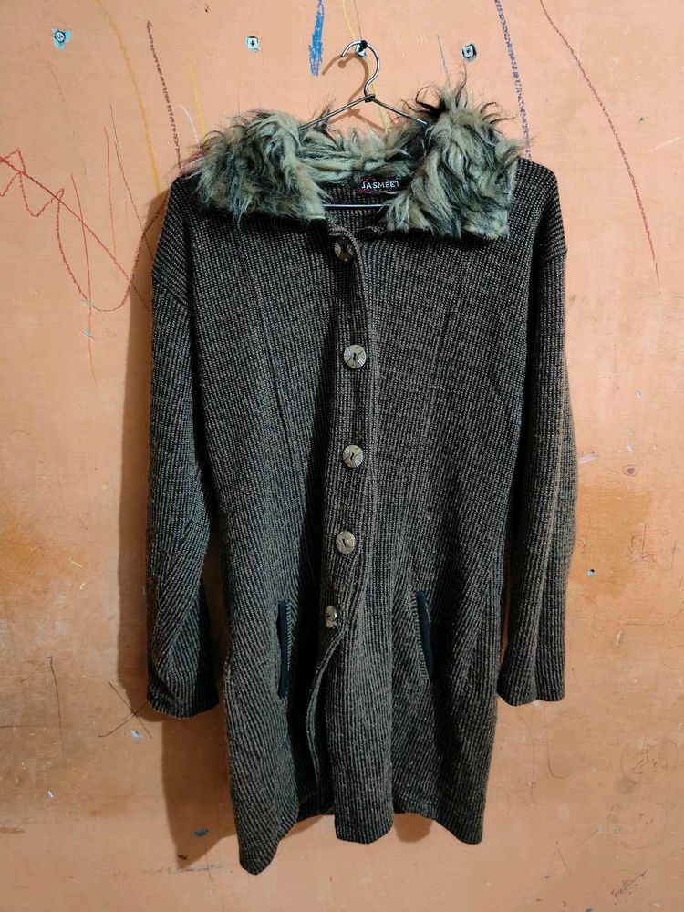 Ladies Winter Long Woolen Cardigan Coat with Fur C