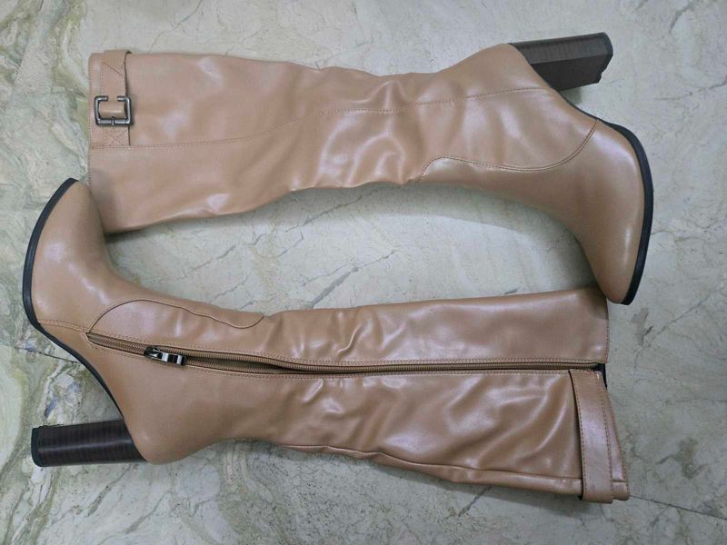 leather Beige Knee-High Boots