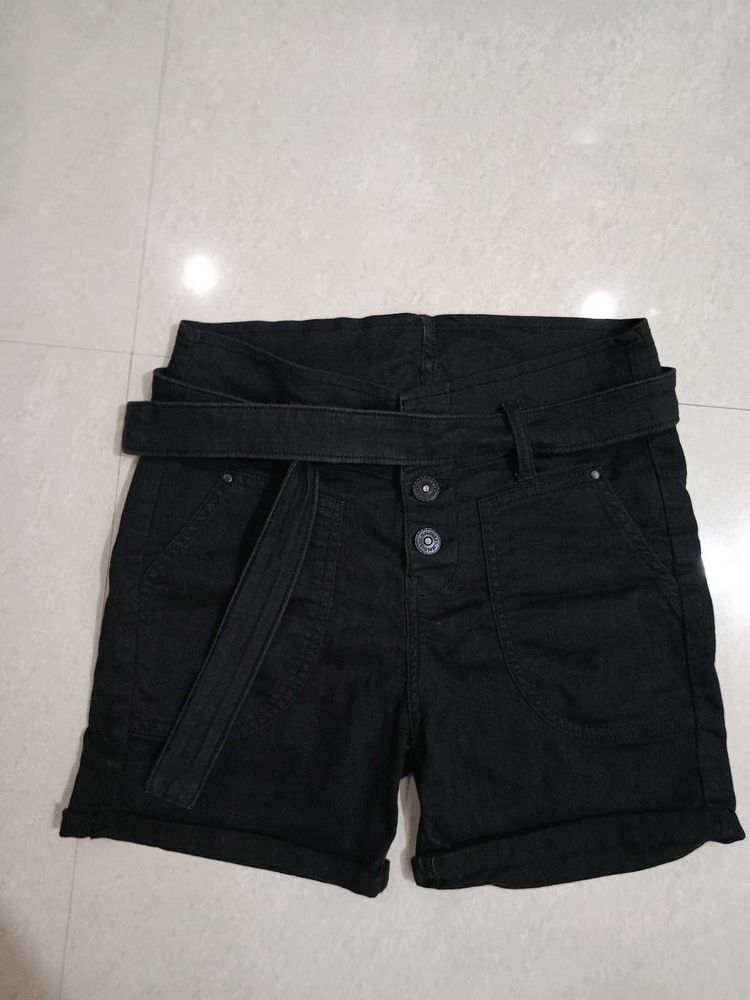 Black High-Waisted Belted Shorts