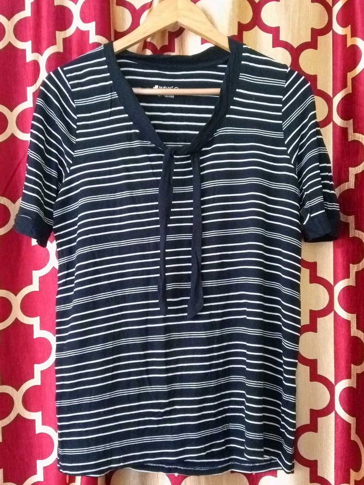 Striped T-Shirt with Tie Neck