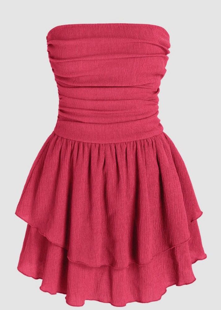 Solid Ruched Bust Ruffle Tube Dress In Pink