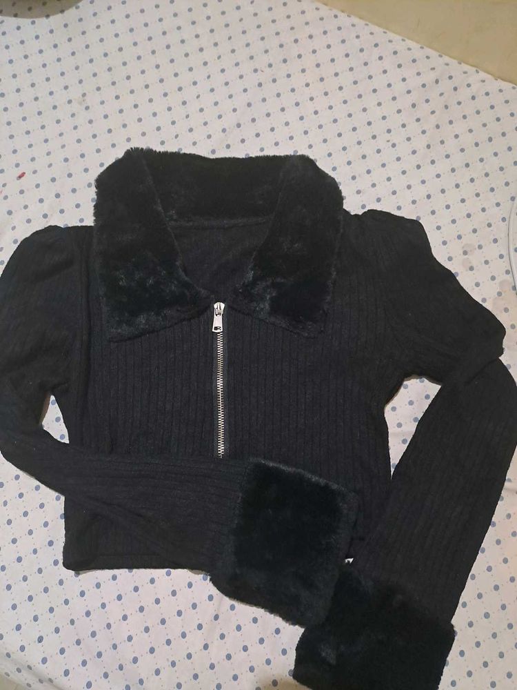 Black Faux Fur Trimmed Cropped Jacket