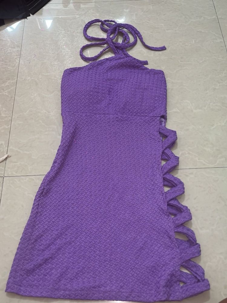 Purple Halter Neck Cut-Out Dress