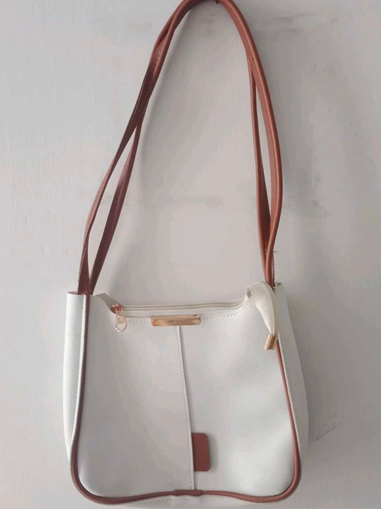 White Shoulder Bag with Brown Accents