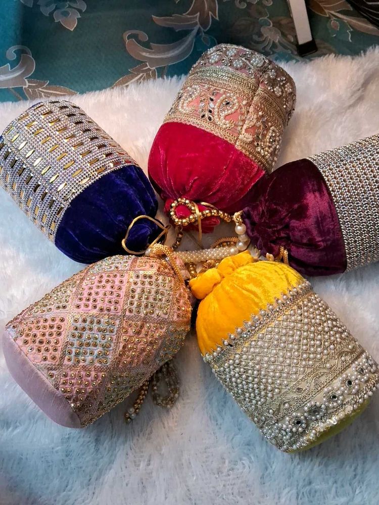 Embroidered Velvet Potli Bags (Set of 5)