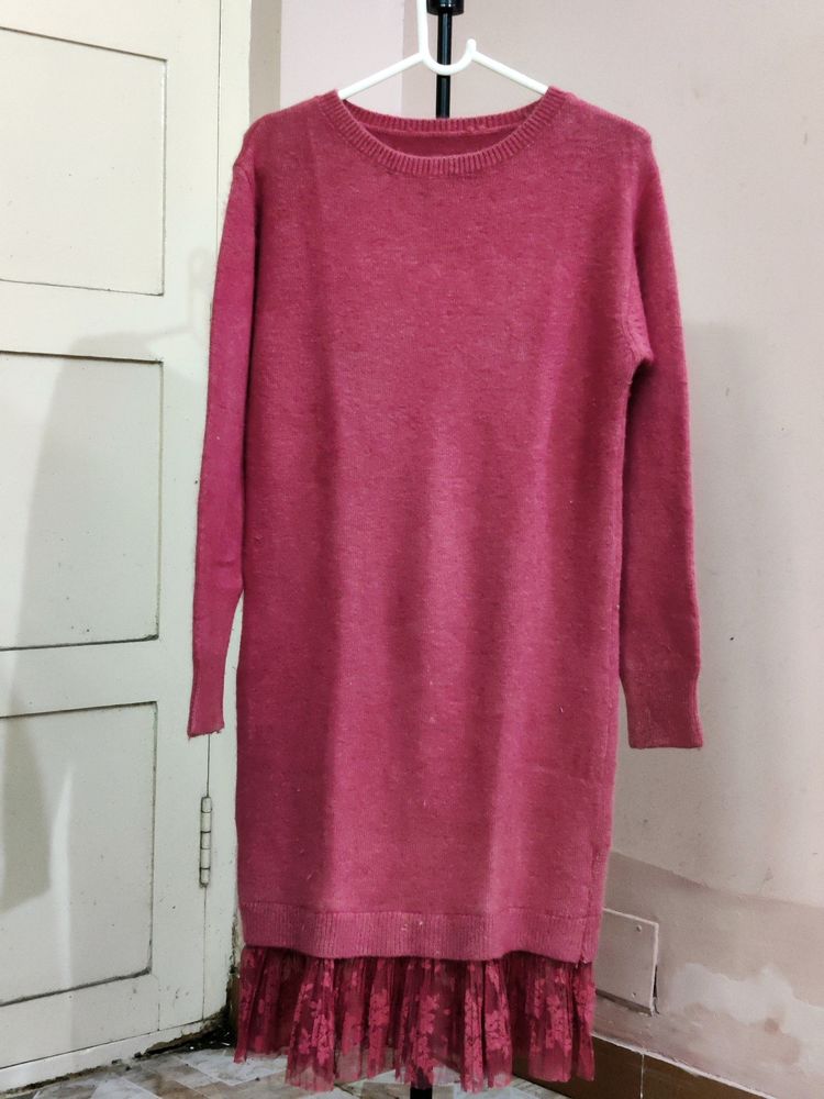 Imported pink long-sleeved sweater dress