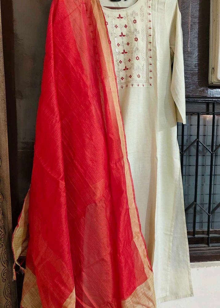 Elegant Cream Kurta with trouser and Red Dupatta