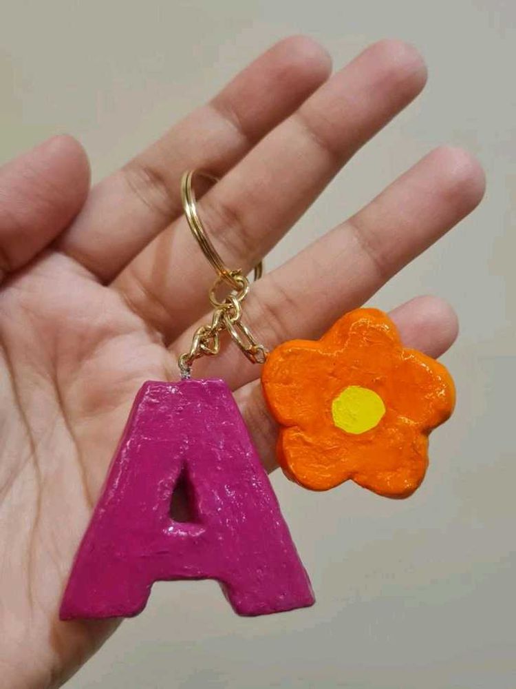 Custom Letter' Keychain with Flower Charm