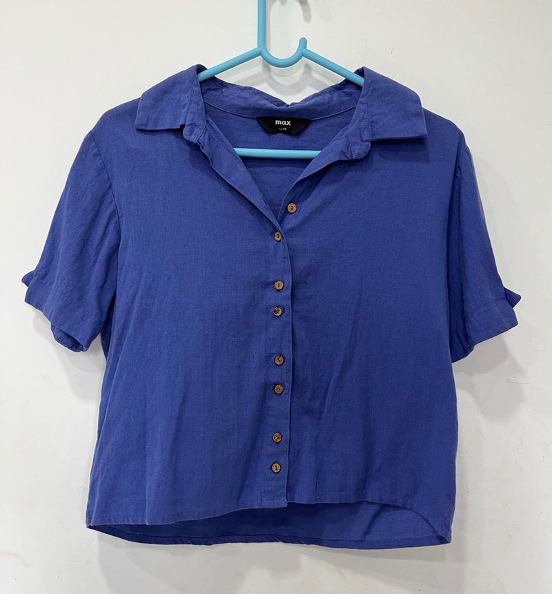 Blue Button-Up Collared Short Sleeve Top
