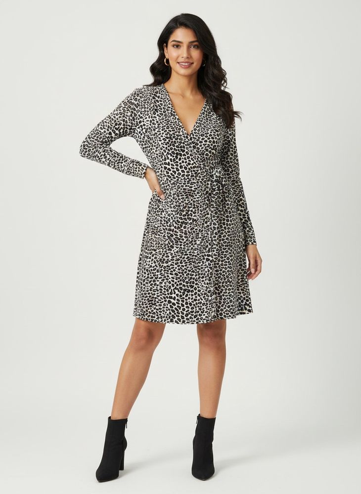 Leopard Print Wrap Dress Above knee length