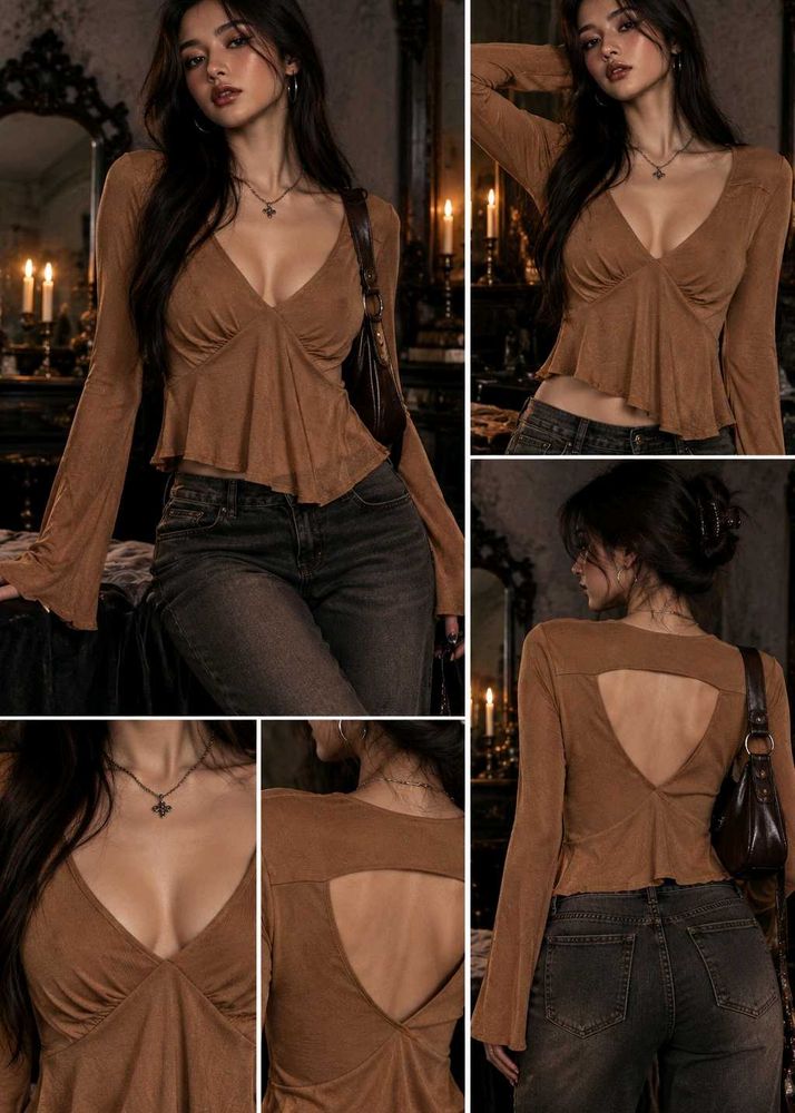 32279. Chic Brown Long Sleeve Plunge Neck Top