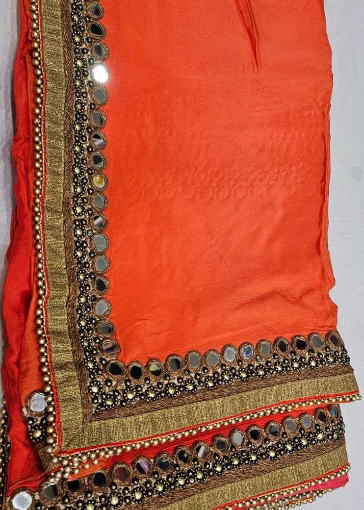 Orange Saree with Mirror Work Border