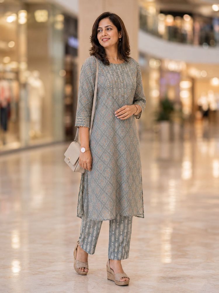 Stylish Grey Printed Kurta Set