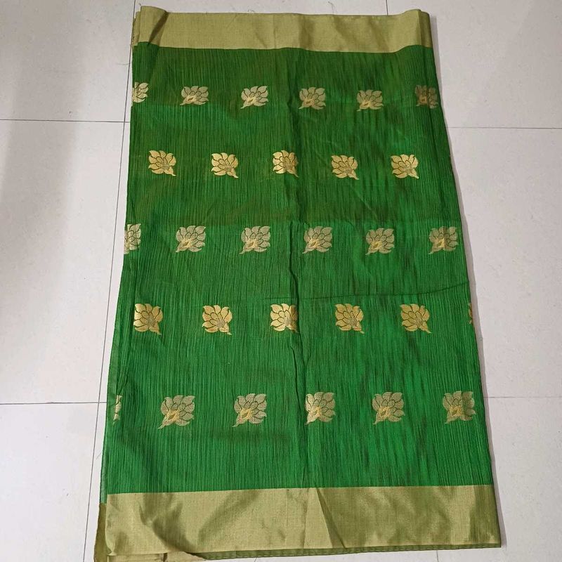 Green Cotton Silk Blend Zari Saree (with flaw)