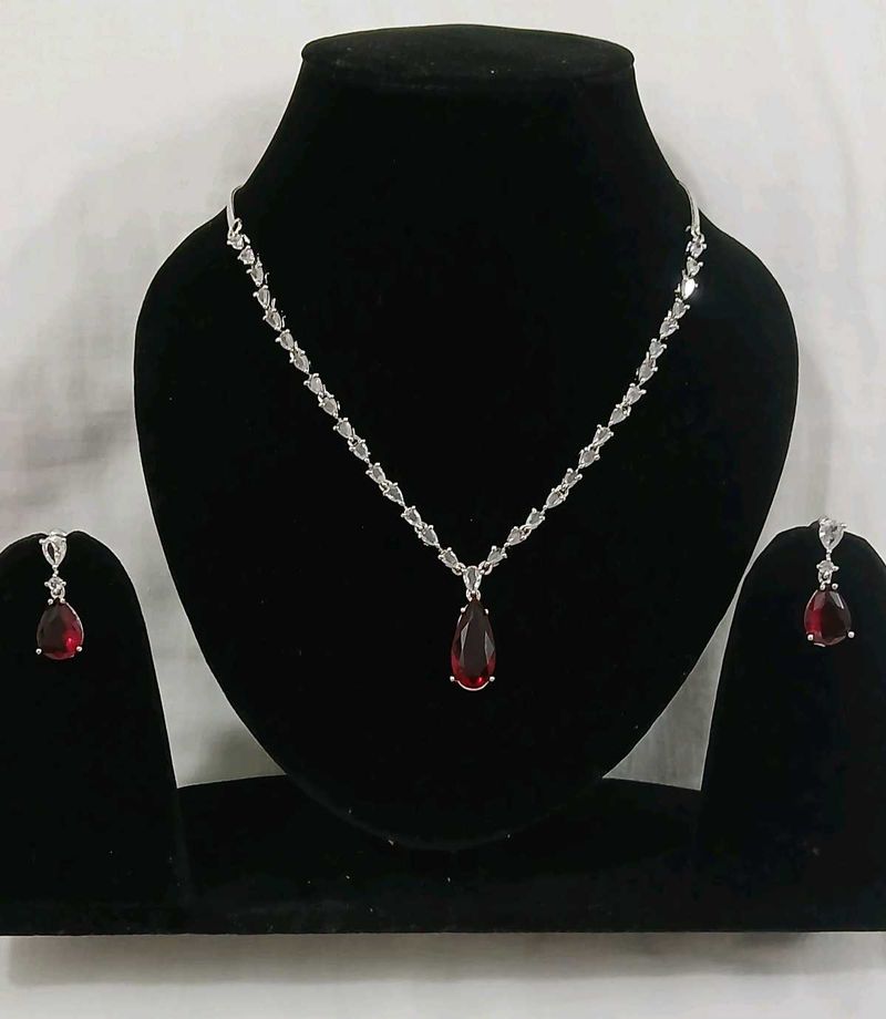 Elegant Red Teardrop Necklace &amp; Earrings AD neckla