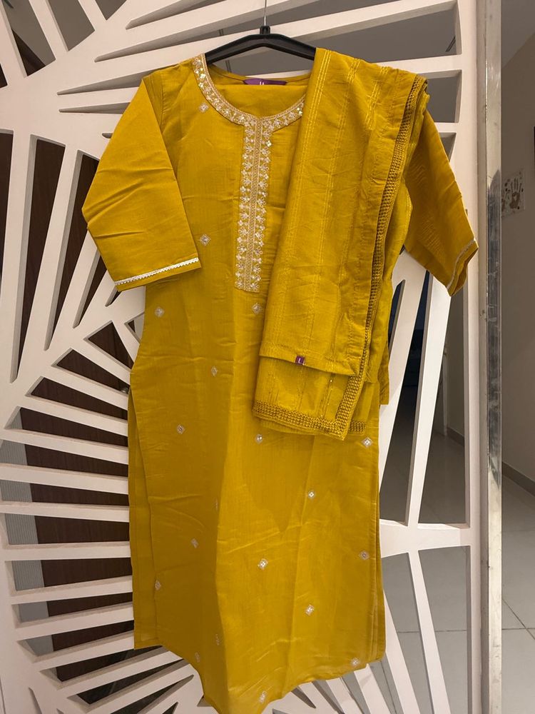 Mustard Yellow Embroidered Kurta Set