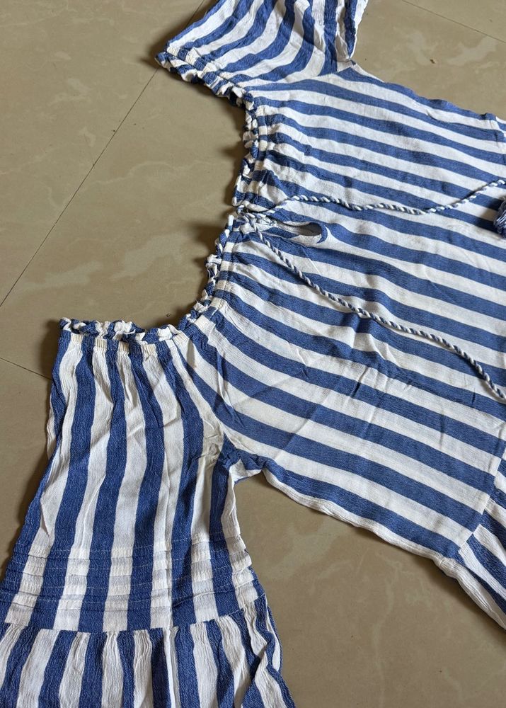 Blue and White Striped Off-Shoulder Top