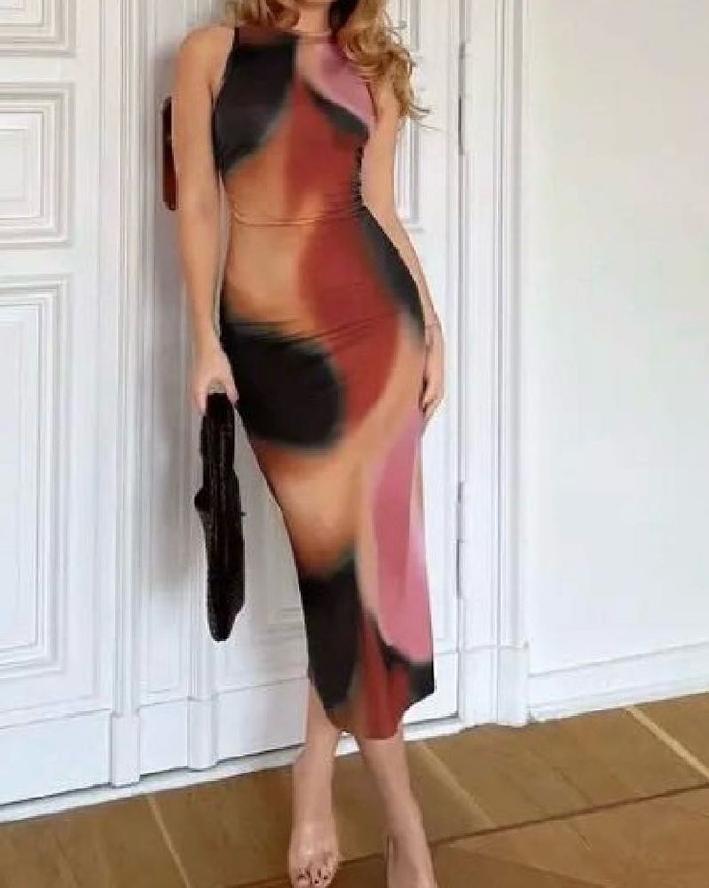 Abstract Print Bodycon Midi Dress