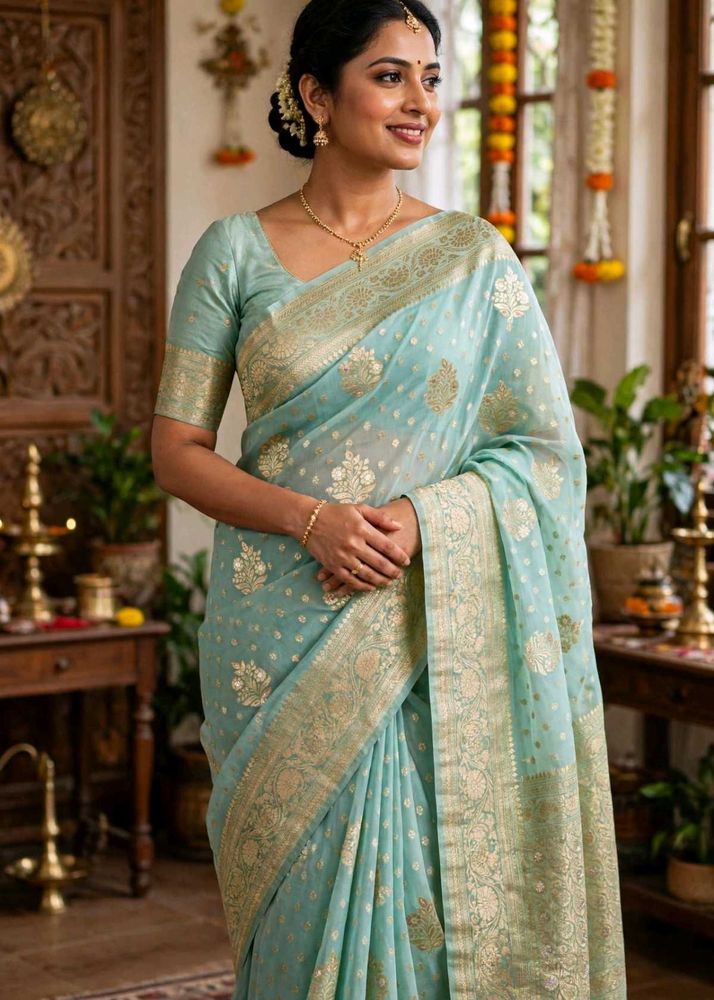 Elegant aqua cotton jari saree