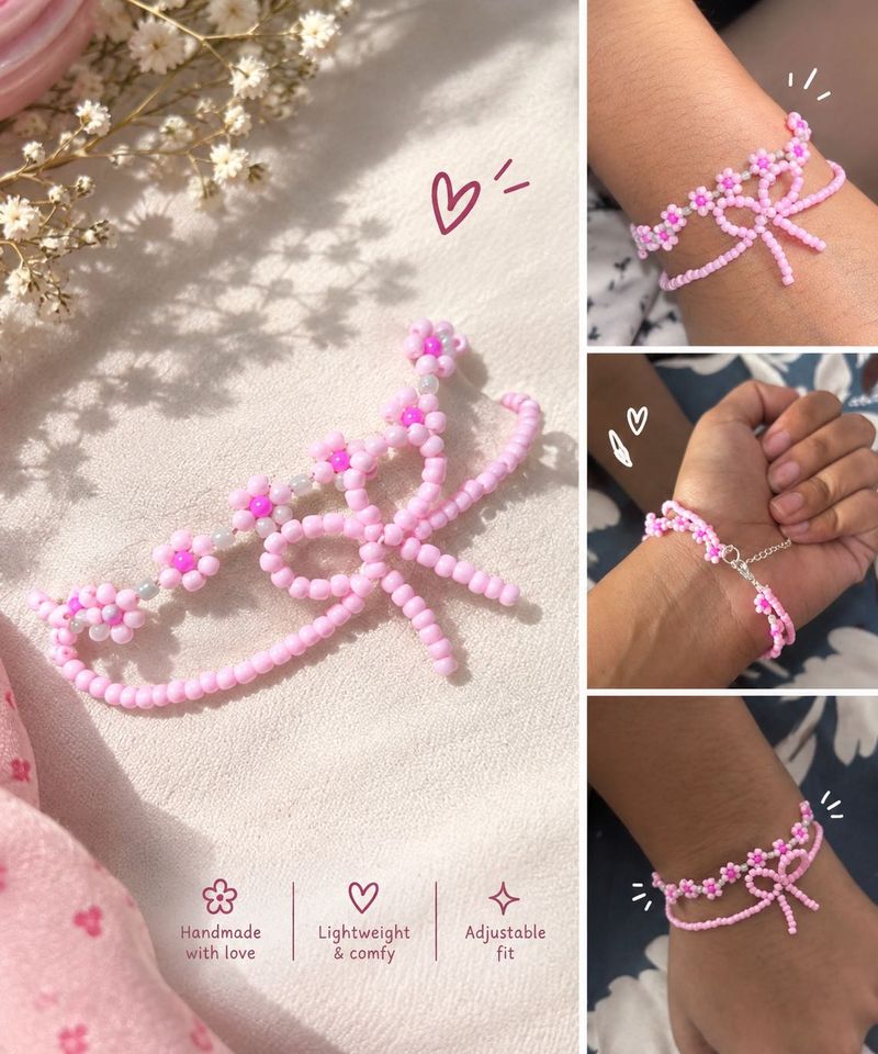 Cute Pink Beaded Flower Bracelet