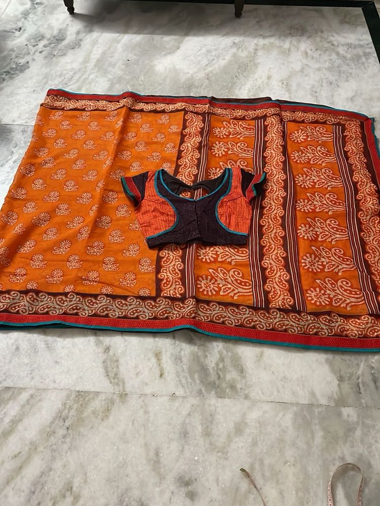 Orange Printed Saree with Blouse