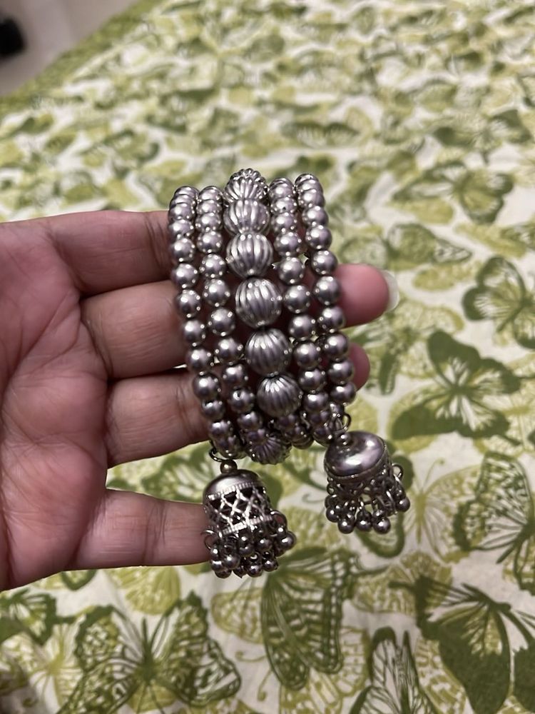 Oxidised Silver Bracelet with Jhumkas