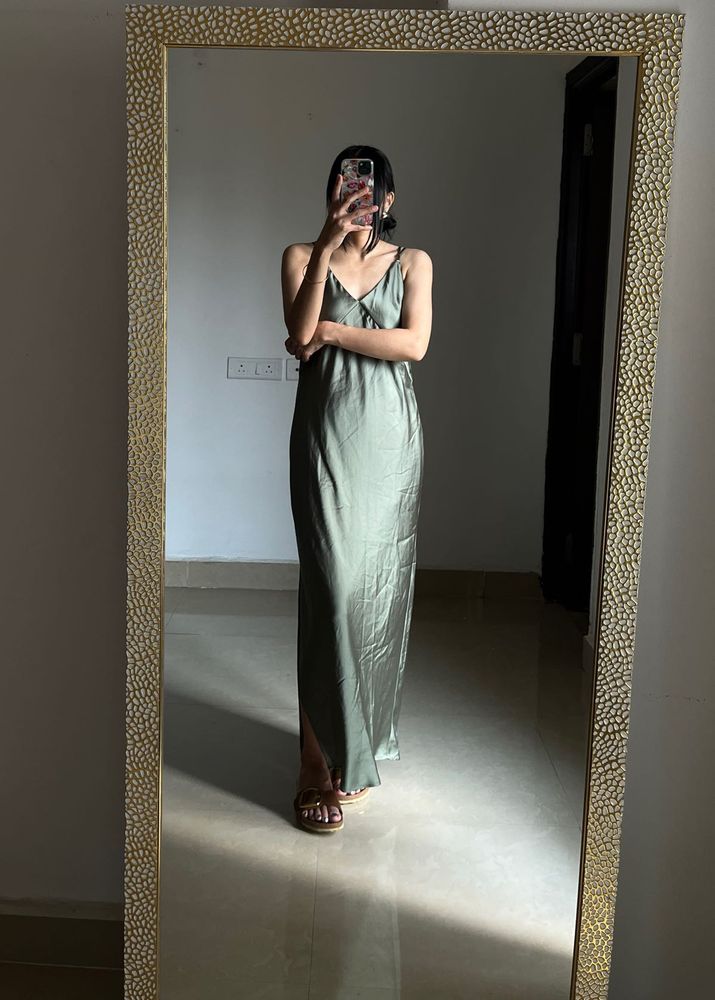 V-Neck Satin Slip Midi Dress in Olive Green