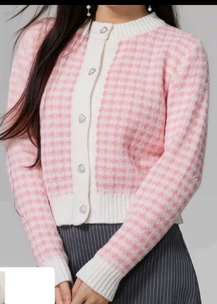 Pink Houndstooth Knit Cardigan