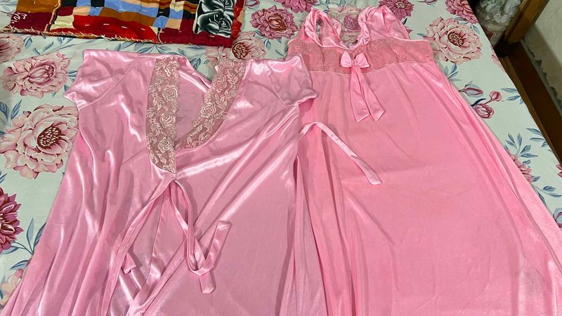 Pink Satin Nightgown &amp; Robe Set