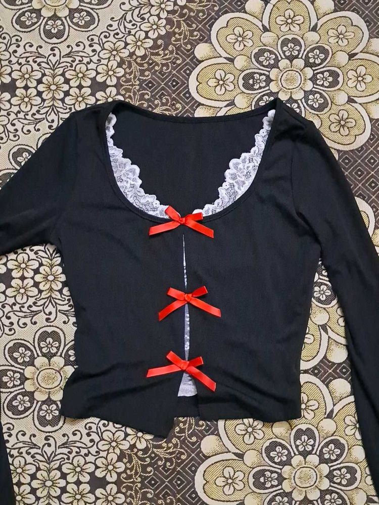 Black Lace Trimmed Bow Detail Top