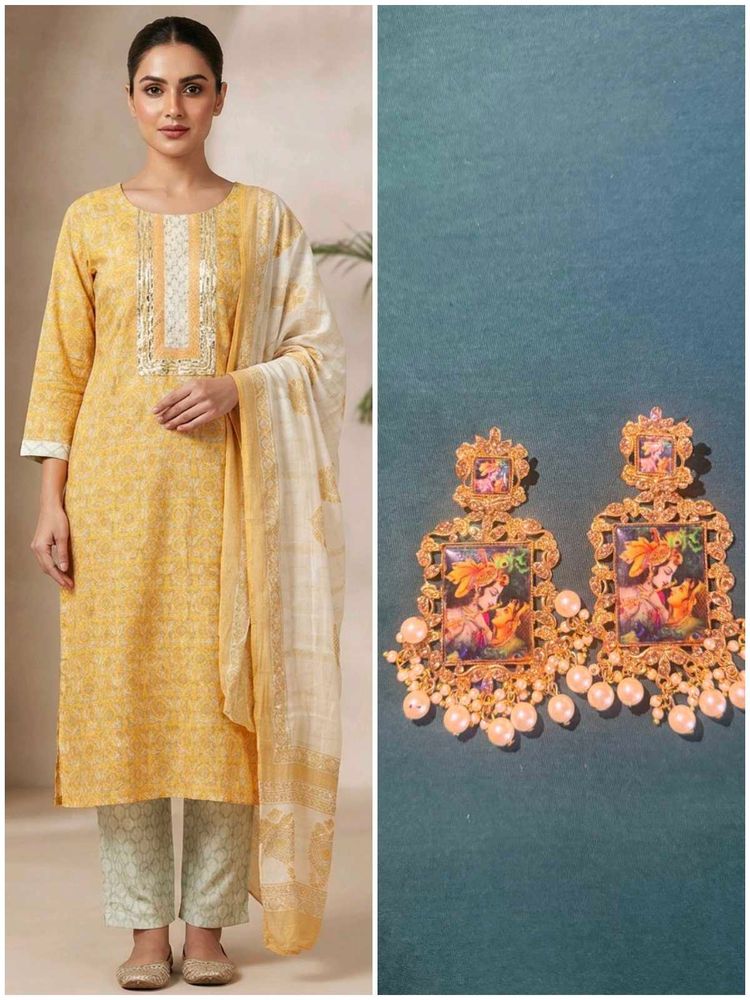 Beautiful Yellow Kurta Set with Dupatta + Earrings