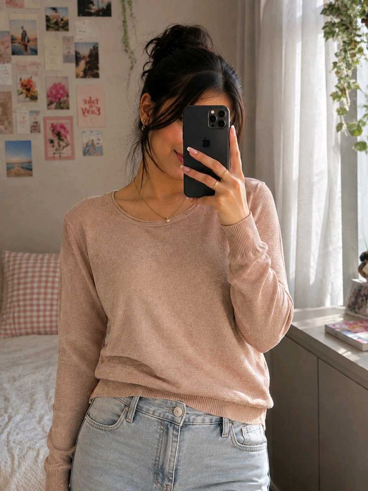 Chic Rose Gold Sparkle Knit Sweater