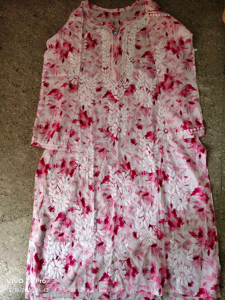 Aalia Pink MulCotton Chikankari Long Kurta