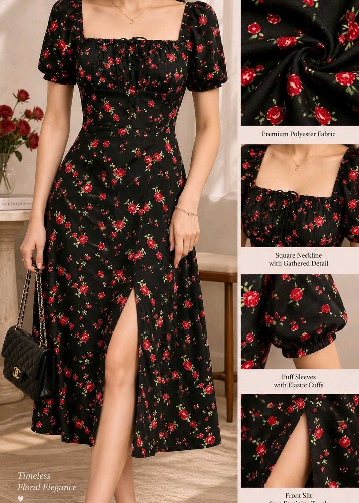 Korean black red rose Floral Print Midi slit Dress