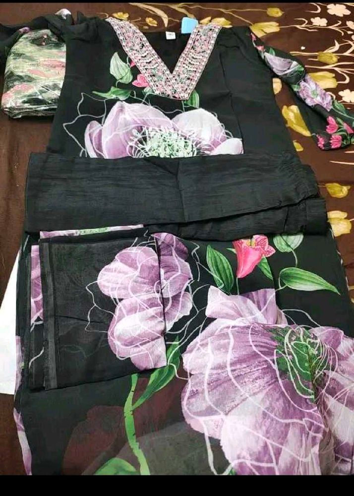 Black Floral Kurta Set with Dupatta