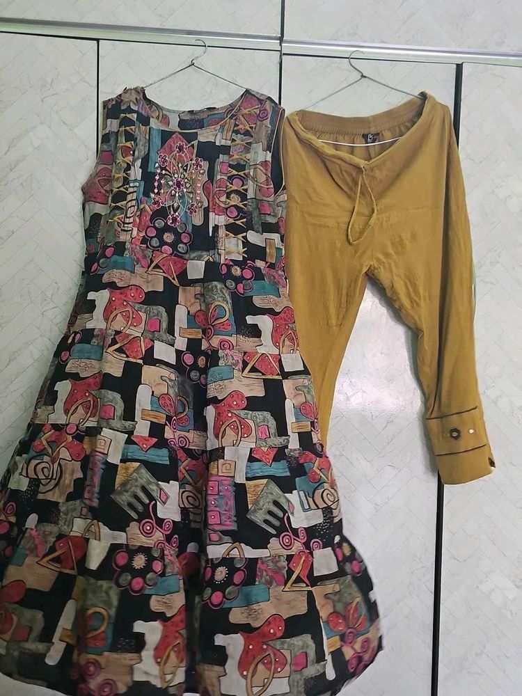 printed frock kurta set with bnarsi duppta