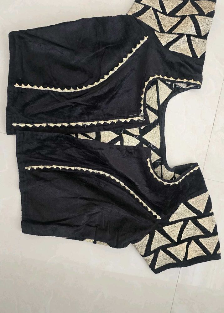Black Embroidered Velvet Blouse