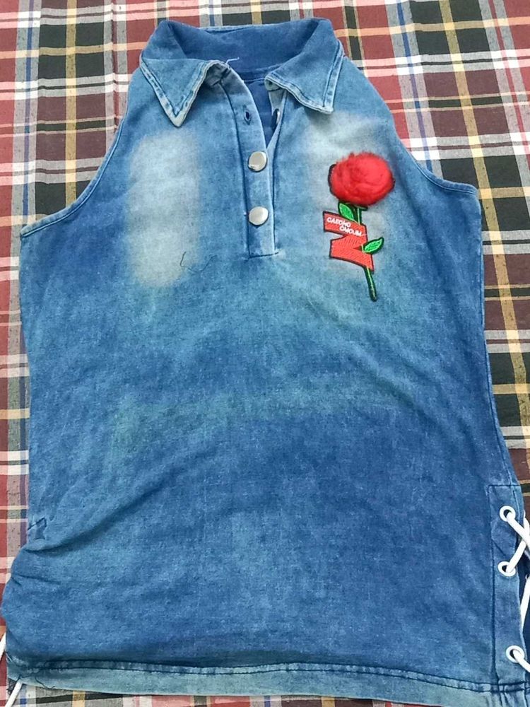 Denim Rose Patch Halter Top