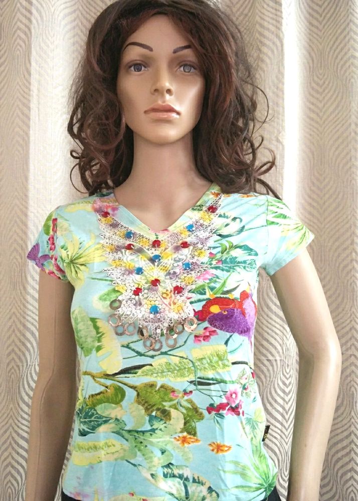 Beautiful Green Printed New Tshirt With Patchwork And Stone Work