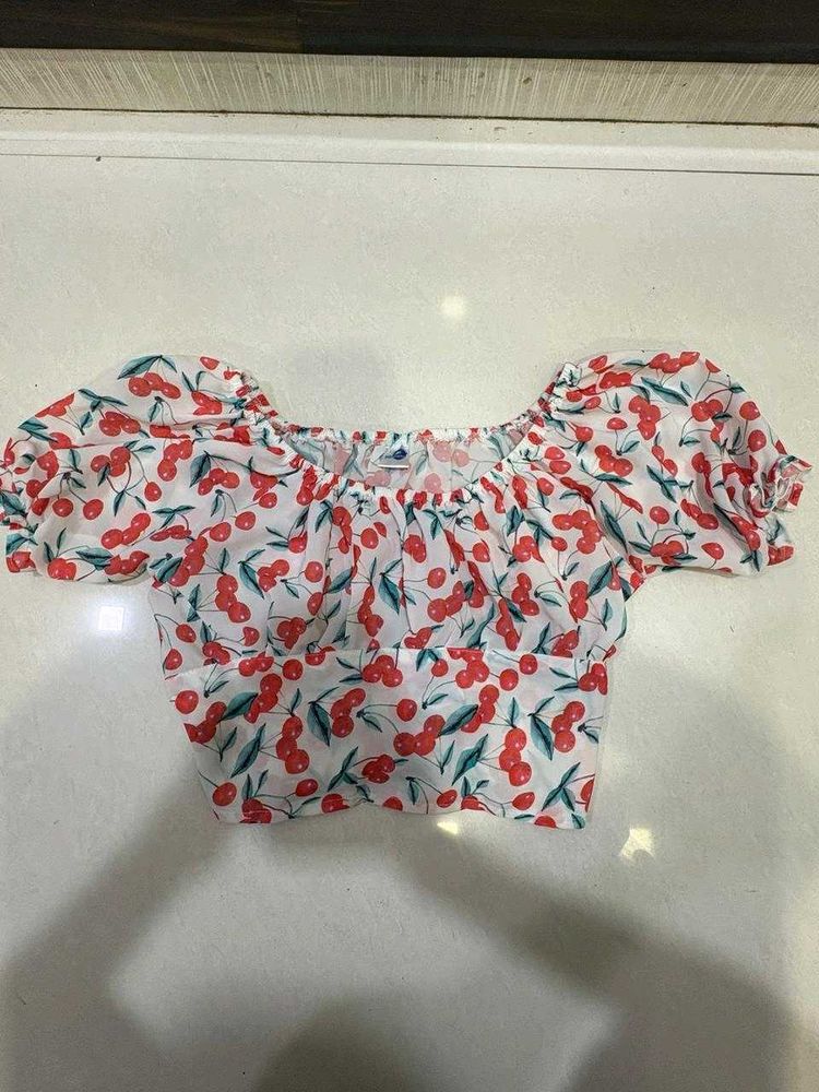 Cute Cherry Print Puff Sleeve Top