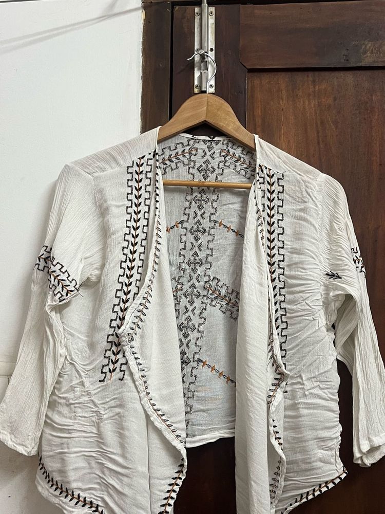 Embroidered White Open Front Shrug