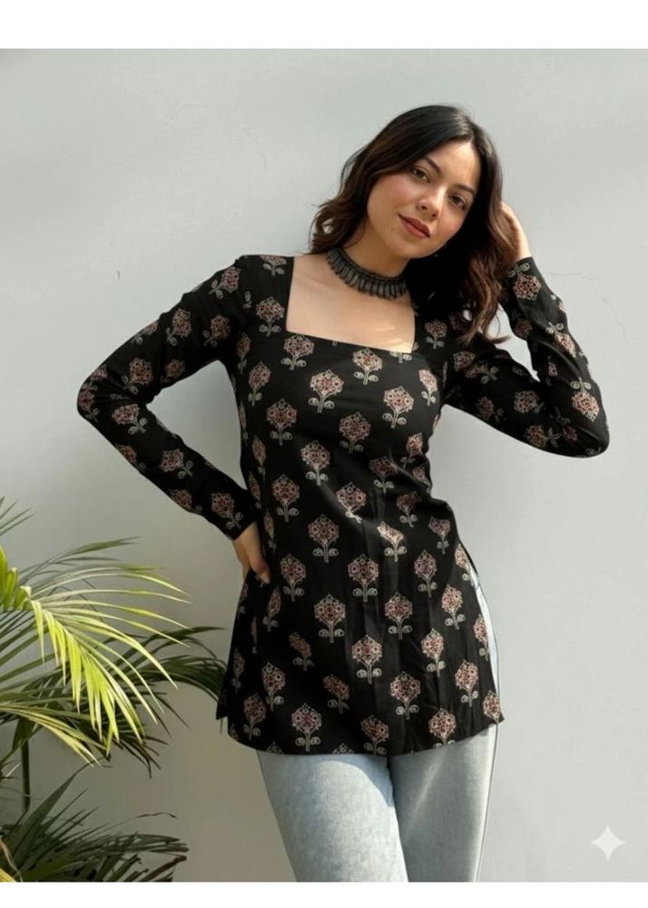 Beautiful Black Floral Print short Kurta
