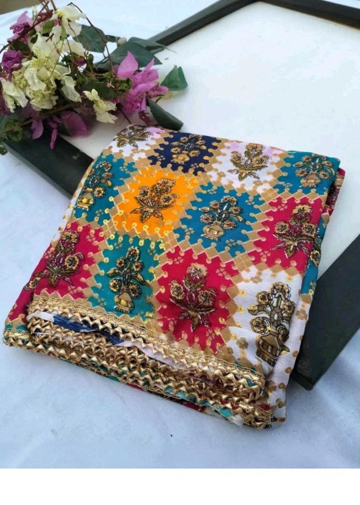 Vibrant Embroidered Sari with Golden Border