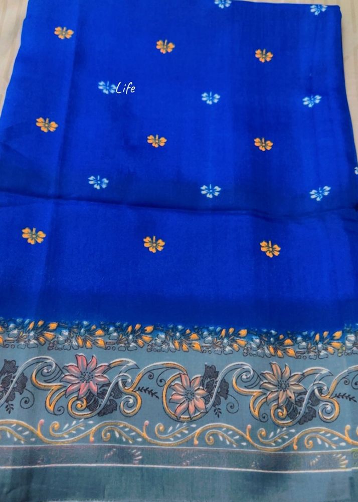 Vibrant Blue Saree with Floral Border