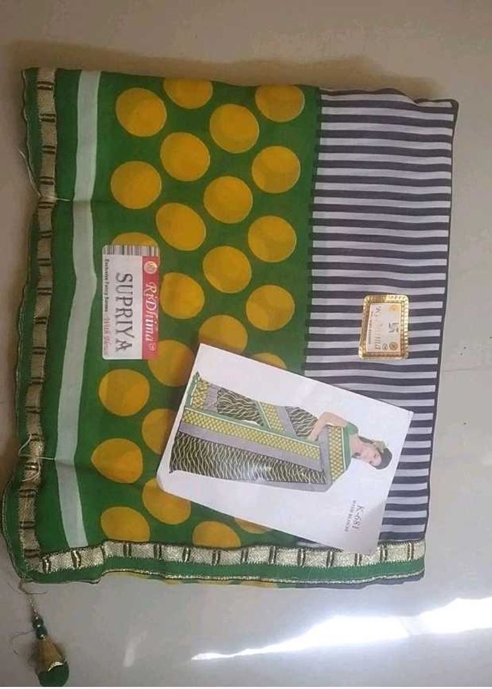 Beautiful Green Yellow Polka Dot Saree