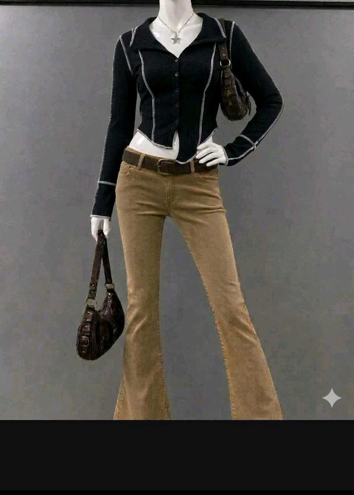 Ribbed Black Button-Up Top