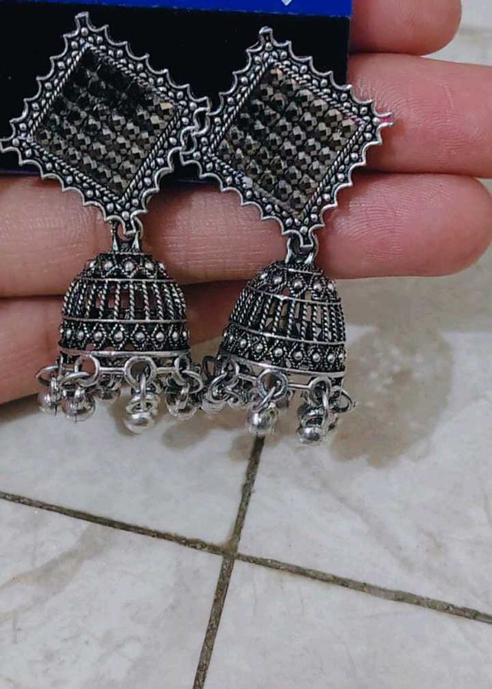 Designer Oxidized Silver Jhumka Earrings