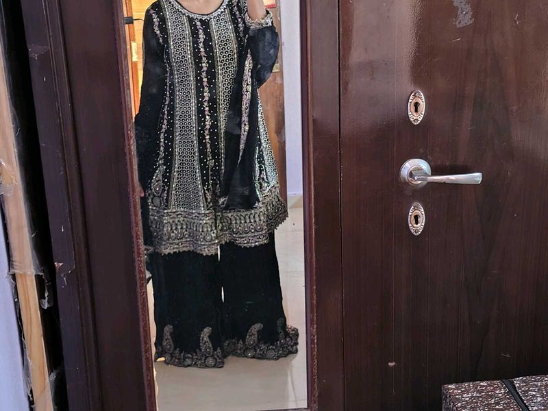 Black Embroidered frock Palazzo Set